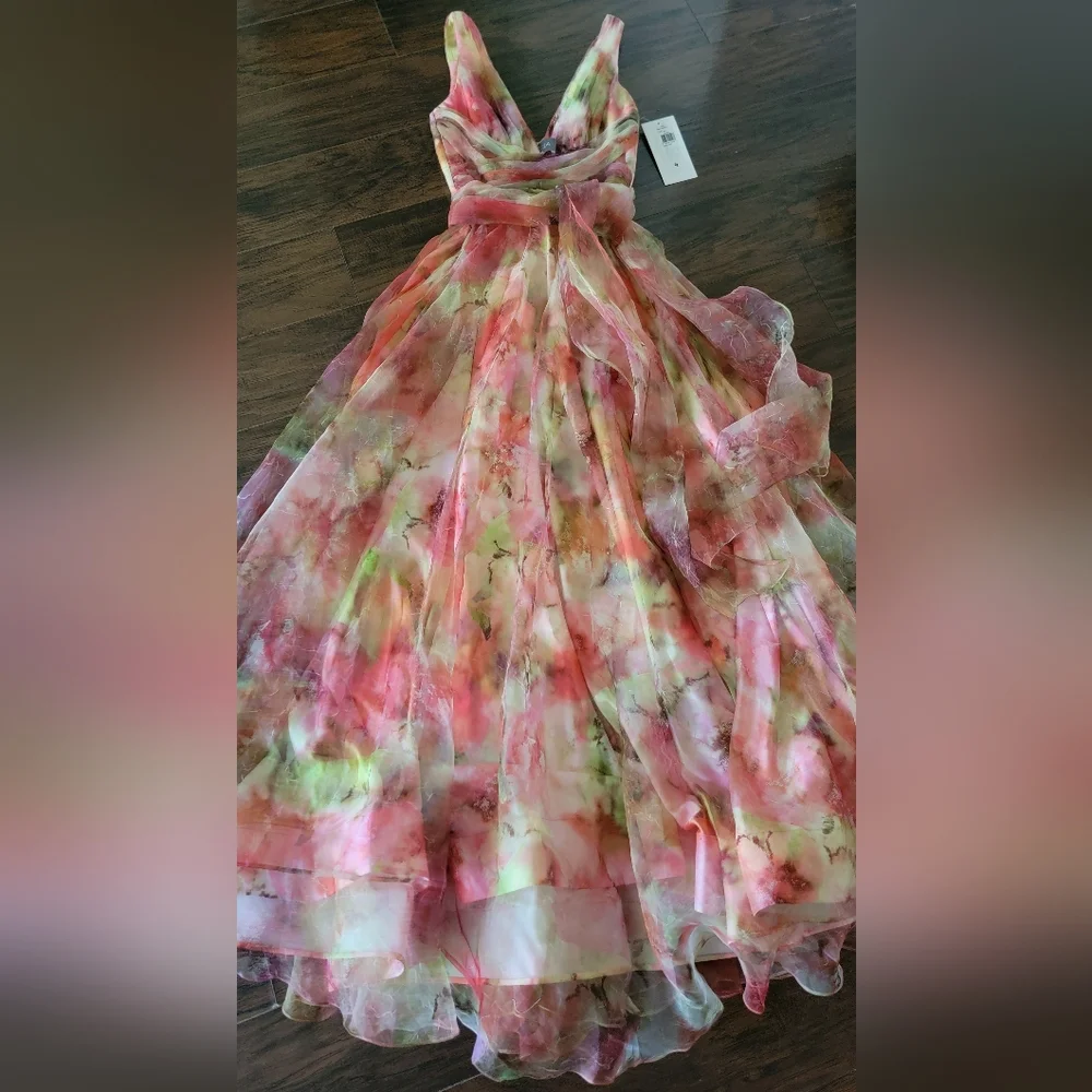 NWT Theia Faye Painterly Bow Organza Lightweight Chiffon Flowy A-line Gown 4‎ - Picture 14 of 15